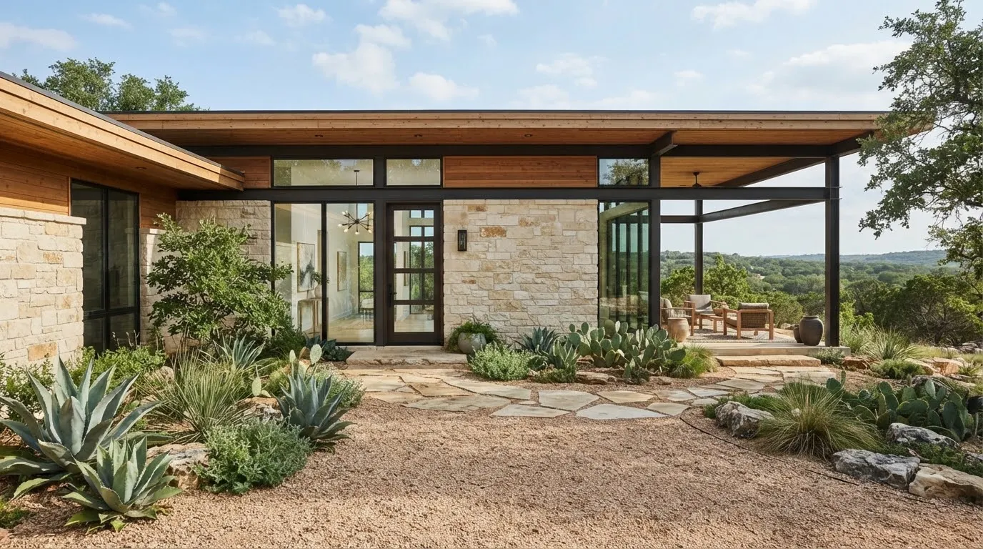 A bespoke mid-century inspired Hill Country contemporary home with wide cedar roof overhangs, exposed structural steel, and an organic gravel…