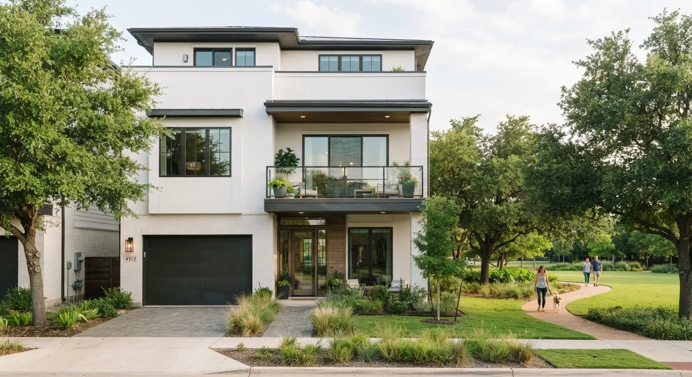 A clean modern townhouse facade in Mueller Austin fronting a quiet manicured greenway park.
