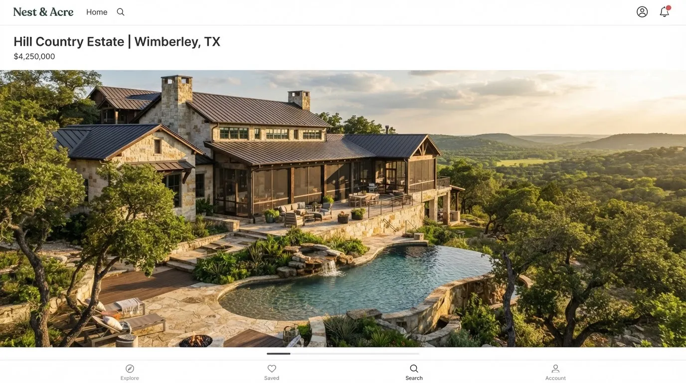 A custom limestone architectural estate in Wimberley Texas with deep overhangs, screened porches, and a natural stone plunge pool framed by live oaks.