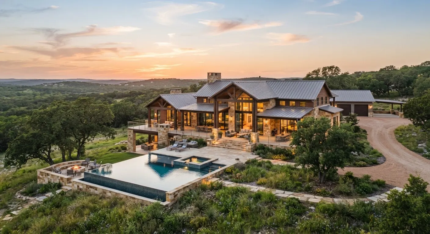 A dramatic modern ranch estate exterior in Dripping Springs Texas constructed of local fossil limestone and cedar wood, overlooking rolling green…