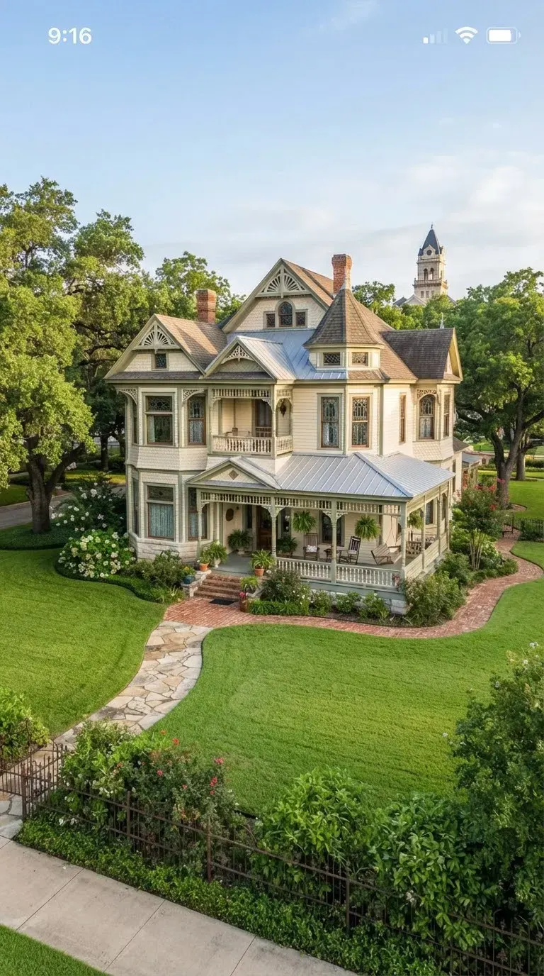 A grand restored Victorian residence near the historic town square of Georgetown Texas, framed by expansive manicured lawn and mature oaks.