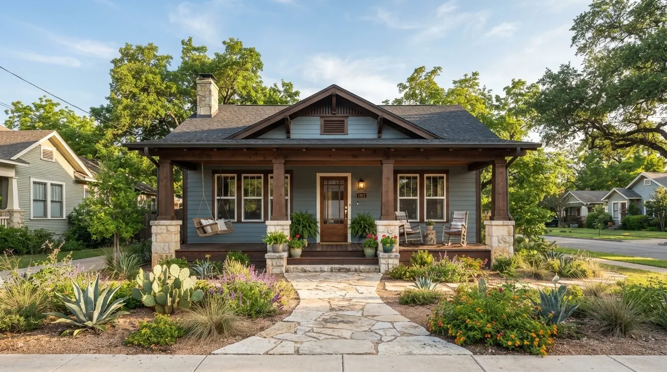 A historic Clarksville craftsman bungalow facade restored with bespoke architectural detail, dark pine timber trim, soft limestone path, native…