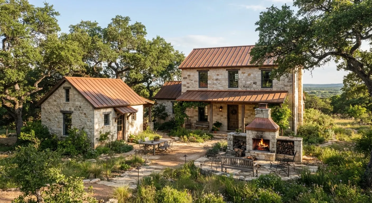 A historic-inspired German stone farmhouse compound near Fredericksburg Texas with rough-hewn drystack limestone walls, copper standing-seam…