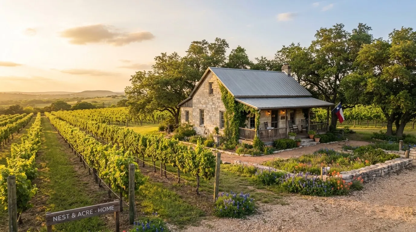 A historic limestone homestead and orderly vineyard rows in Fredericksburg Texas under a gentle golden hour sun with lush green grapevine rows and…