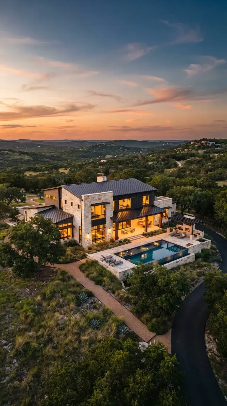 A luxurious contemporary Texas Hill Country estate home set amidst expansive rolling topography and historic live oak groves in Dripping Springs…