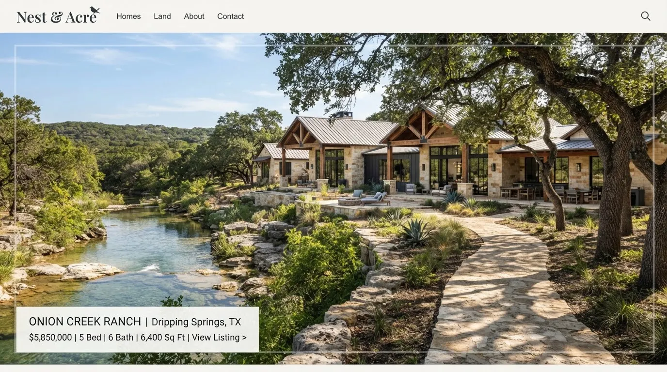 A modern architectural ranch compound set directly alongside the clear flowing waters of Onion Creek in Dripping Springs Texas.