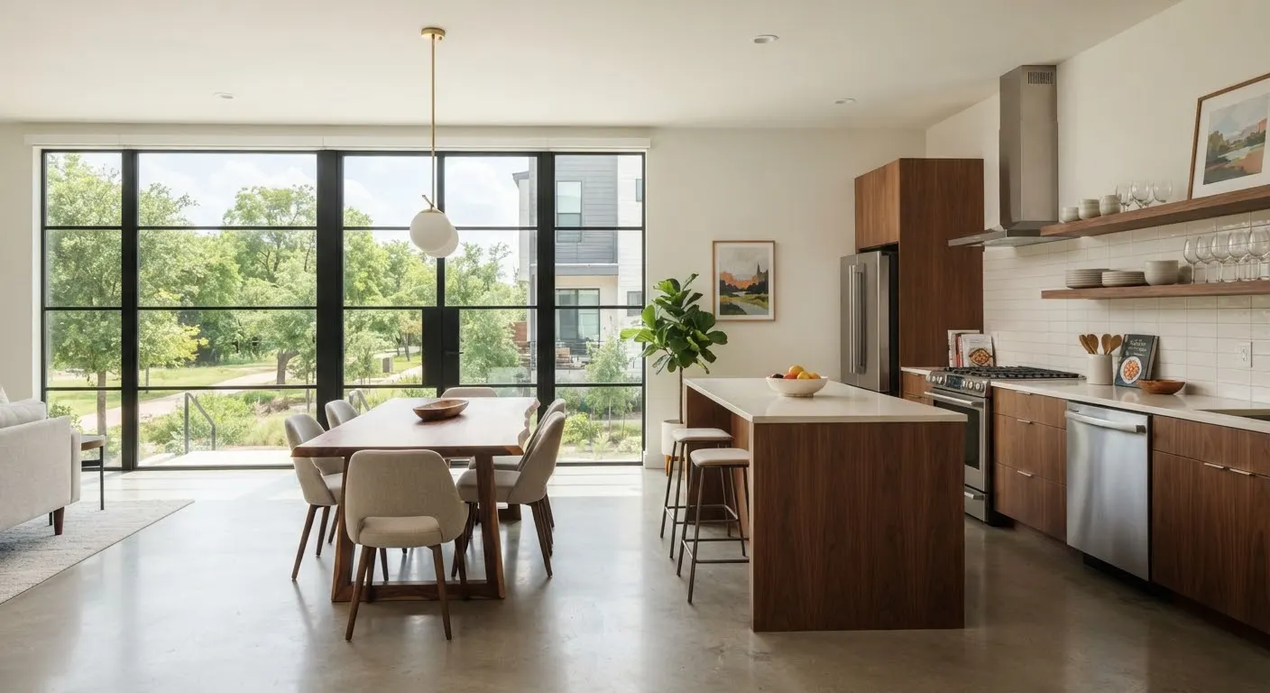 A modern light-filled townhouse dining and kitchen area in Mueller, Austin, boasting minimalist custom walnut cabinetry, clean off-white quartz…