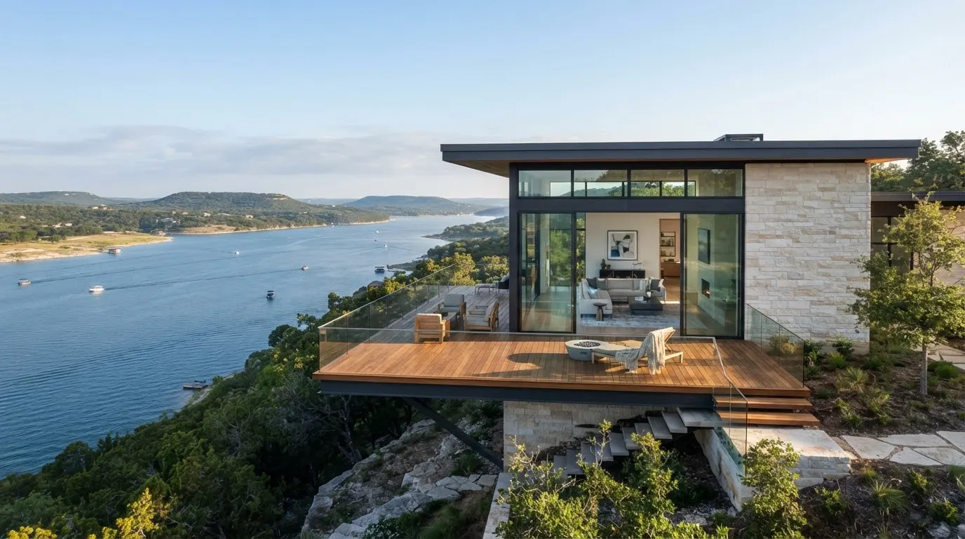 A modern limestone and glass pavilion home nestled into an elevation over Lake Travis, showing a cantilevered wood deck and calm deep blue water…
