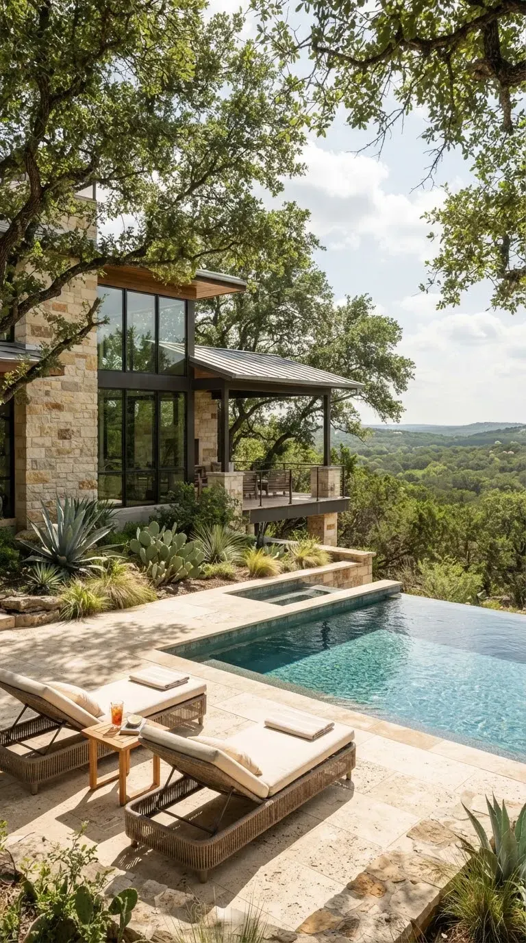 A modern limestone and glass retreat nestled in Wimberley, Texas, surrounded by live oak canopy with an integrated courtyard and infinity plunge pool.