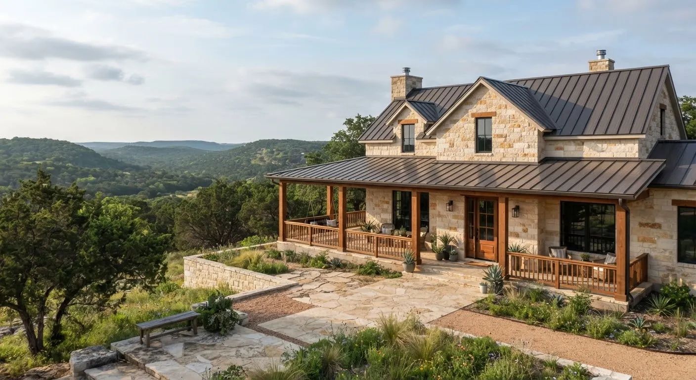 A modern limestone farmhouse located in the Texas Hill Country near Wimberley.