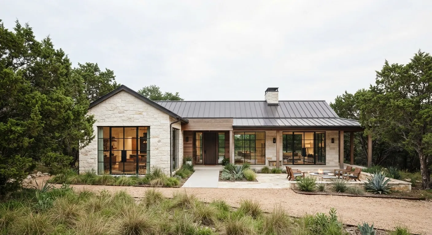 A modern single-story Texas ranch house with black steel framed windows and pale white limestone walls nestled in cedar trees under a soft…