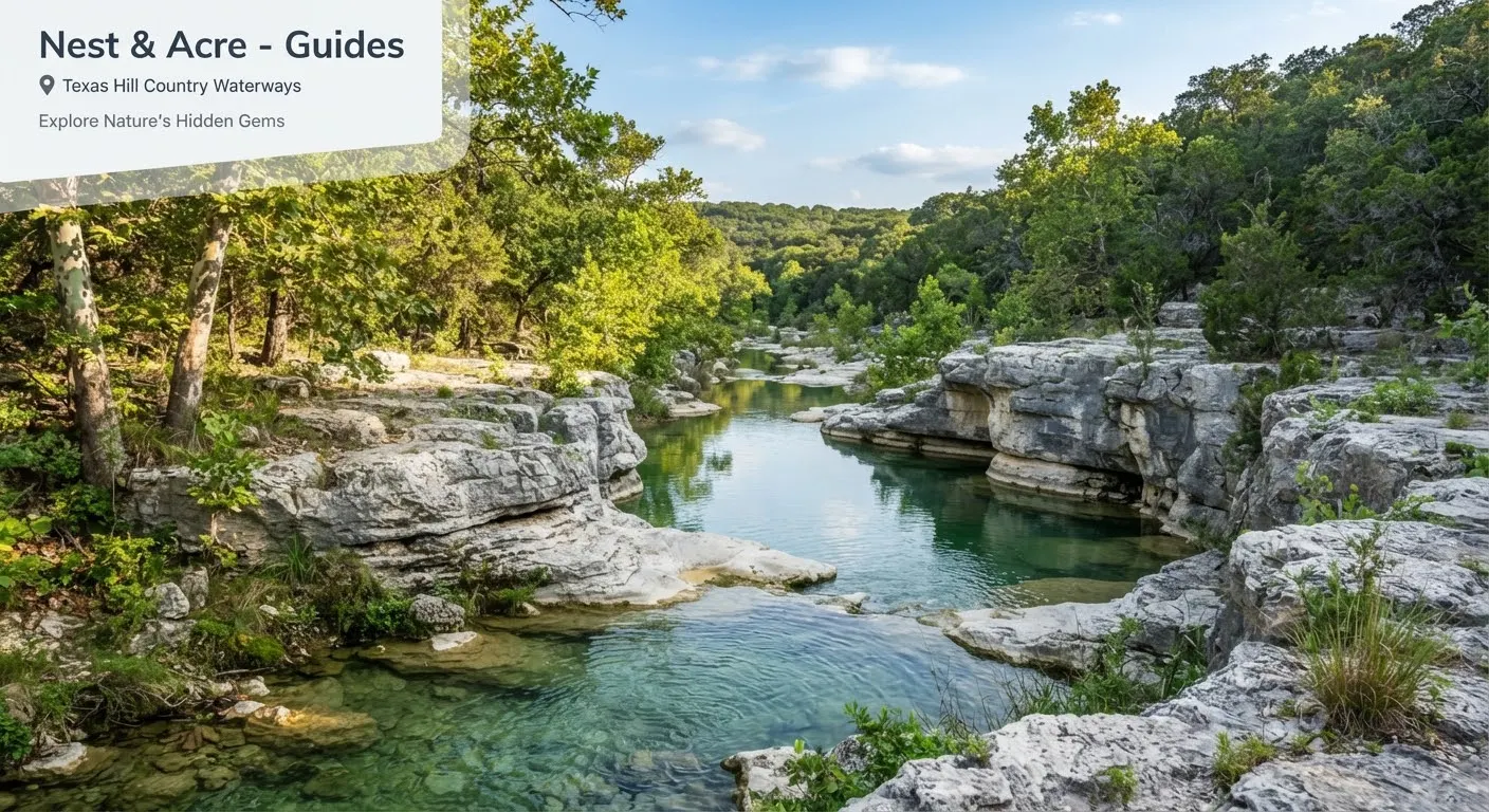 A pristine natural groundwater limestone creek cutting through carved white karst rock layers in the Texas Hill Country, framed by native…