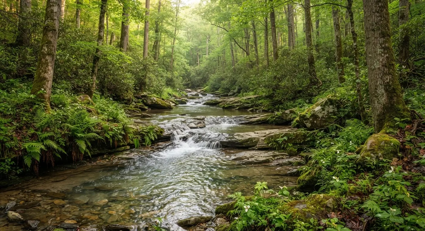 A pristine year-round freshwater spring creek flowing through a dense Appalachian hardwood forest in Cumberland County, Tennessee.