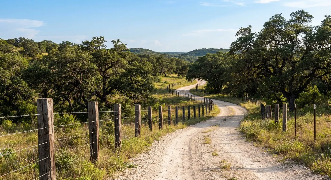 A private crushed limestone ranch road bordered by heavy timber post-and-cedar wire fencing winding gently through mature live oak groves in…