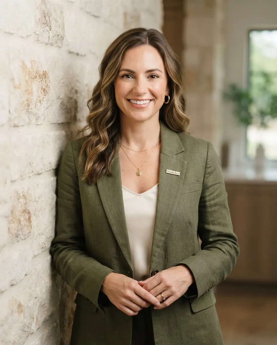 A woman in her late thirties with a warm, composed expression, wearing an earth-toned olive linen blazer against a soft limestone textured backdrop.