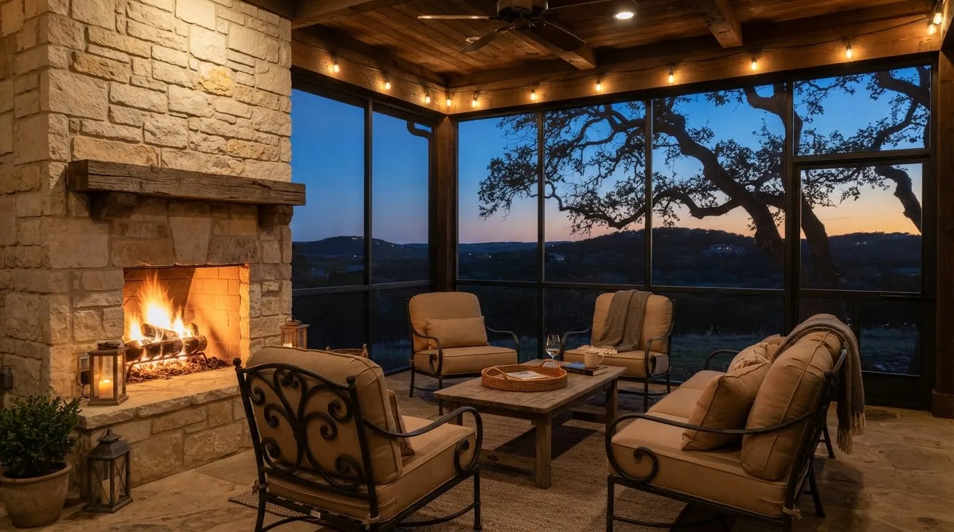 A protected covered screened veranda featuring a grand hand-stacked limestone outdoor fireplace, custom wrought iron lounge seating with…