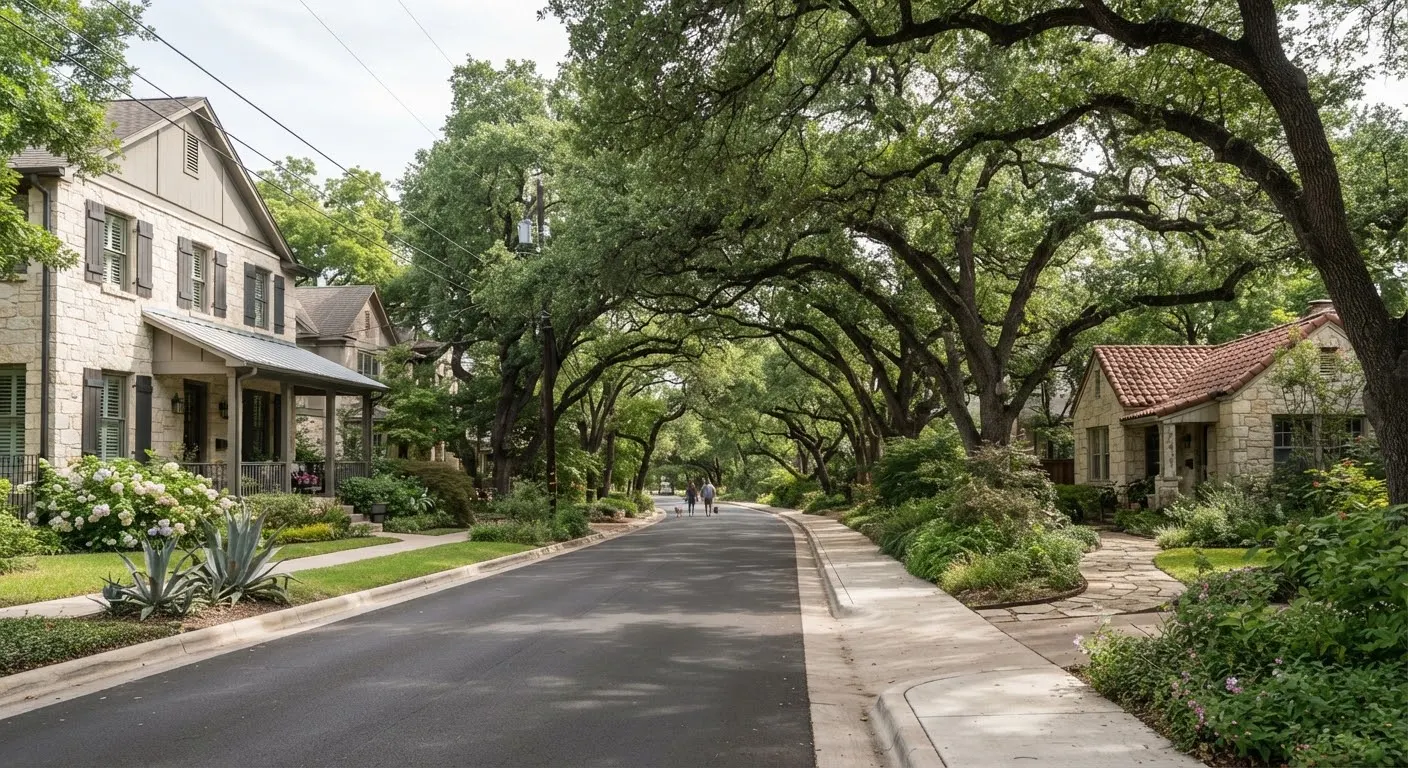 A quiet shaded residential street in central Austin with towering legacy live oak canopies arching over clean stone curbs and historic limestone…