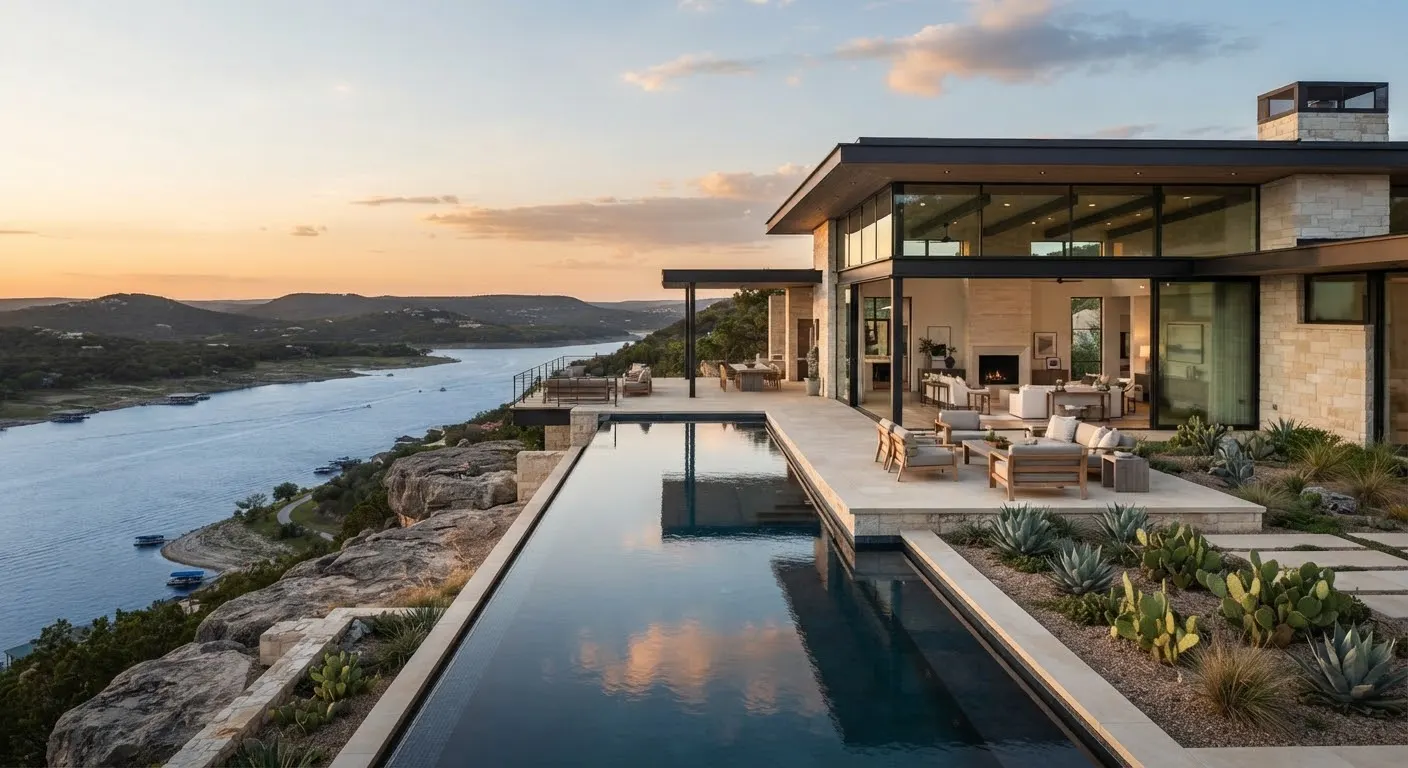 A refined contemporary pavilion estate perched atop a granite ridge overlooking Lake LBJ in Marble Falls Texas.