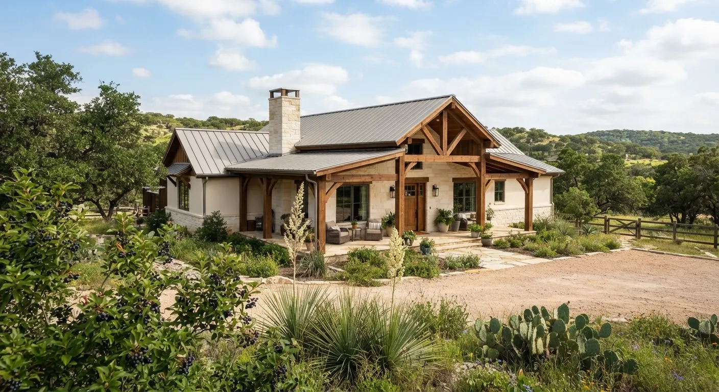 A refined Hill Country ranch-style rental home in Dripping Springs surrounded by native Texas mountain laurels and wild sotol plants.