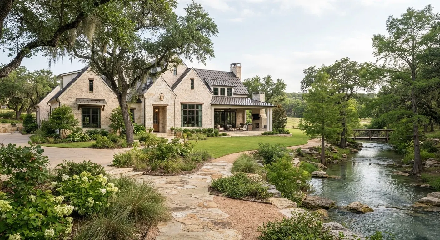 A refined suburban architectural estate along Brushy Creek in Round Rock, featuring clean brick masonry and mature live oak trees.