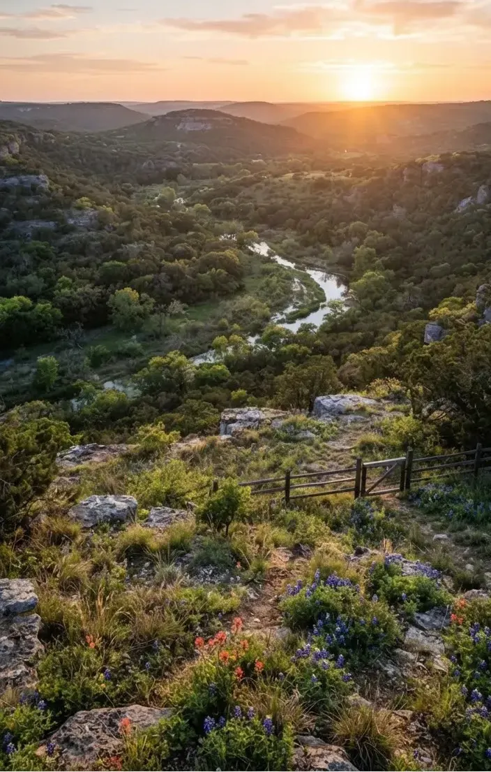 A rugged 25-acre hilltop parcel in Blanco County, Texas, overlooking a wooded limestone valley with a spring-fed creek basin at morning sunrise.