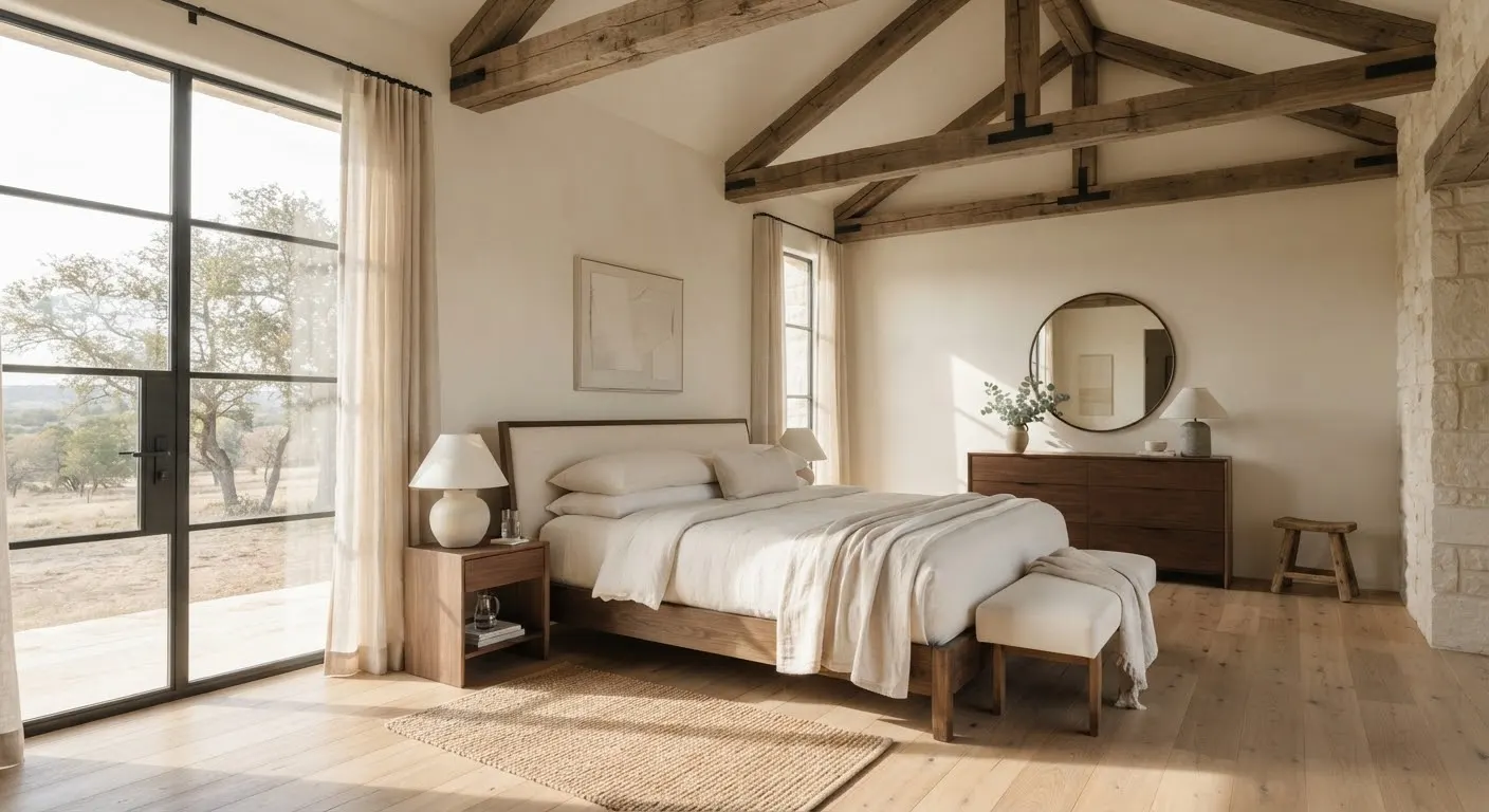 A serene master bedroom suite with soaring 12-foot exposed reclaimed timber cedar beam ceilings, smooth off-white plaster walls, and low-profile…