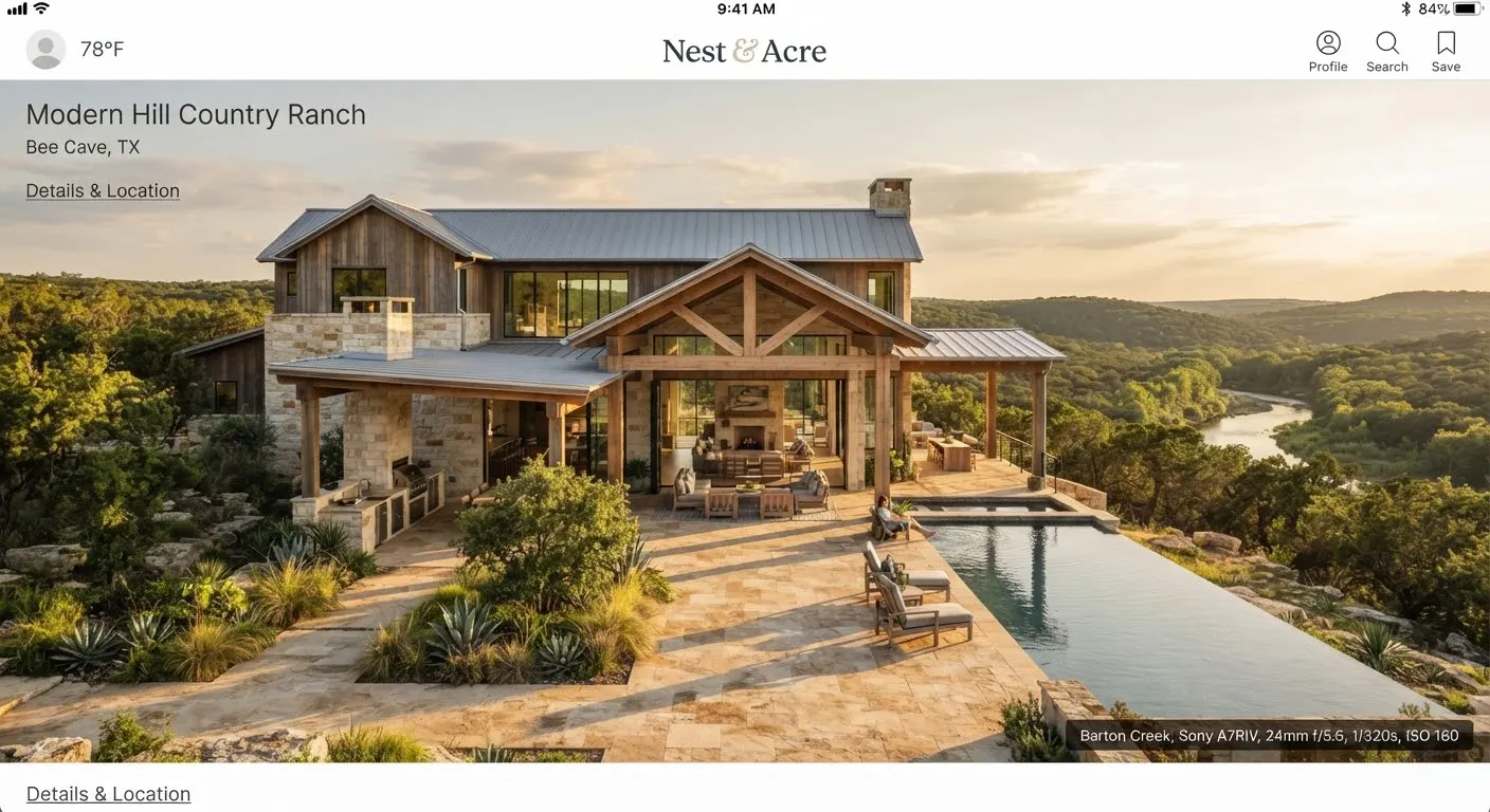 A sprawling modern Texas ranch estate nestled along the protected Barton Creek greenbelt in Bee Cave.