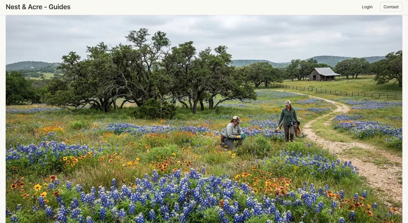 A tranquil native pasture in Central Texas filled with wild wildflowers, bluebonnets, and live oak clusters under overcast afternoon light,…