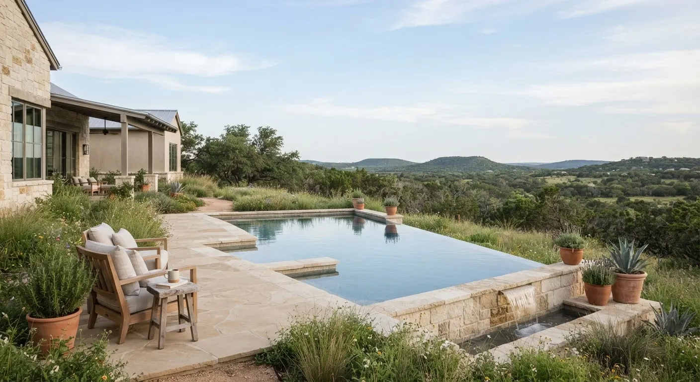 A tranquil negative-edge limestone soaking pool surrounded by smooth cut natural flagstone pavers, quietly overlooking vast, undisturbed Hill…