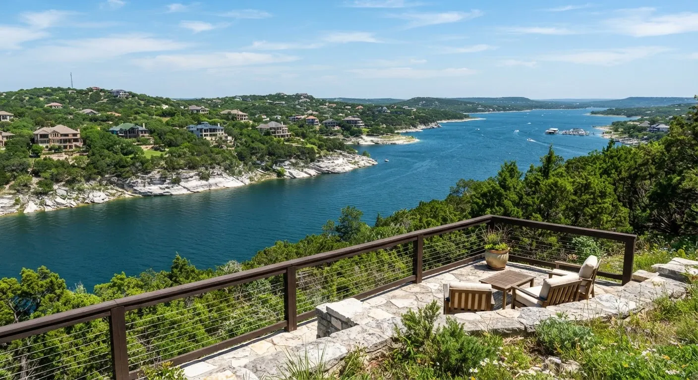 A tranquil overlook of Lake Travis in Lakeway Texas with deep sapphire water, white limestone coves, and scenic hillside homes nestled among green…