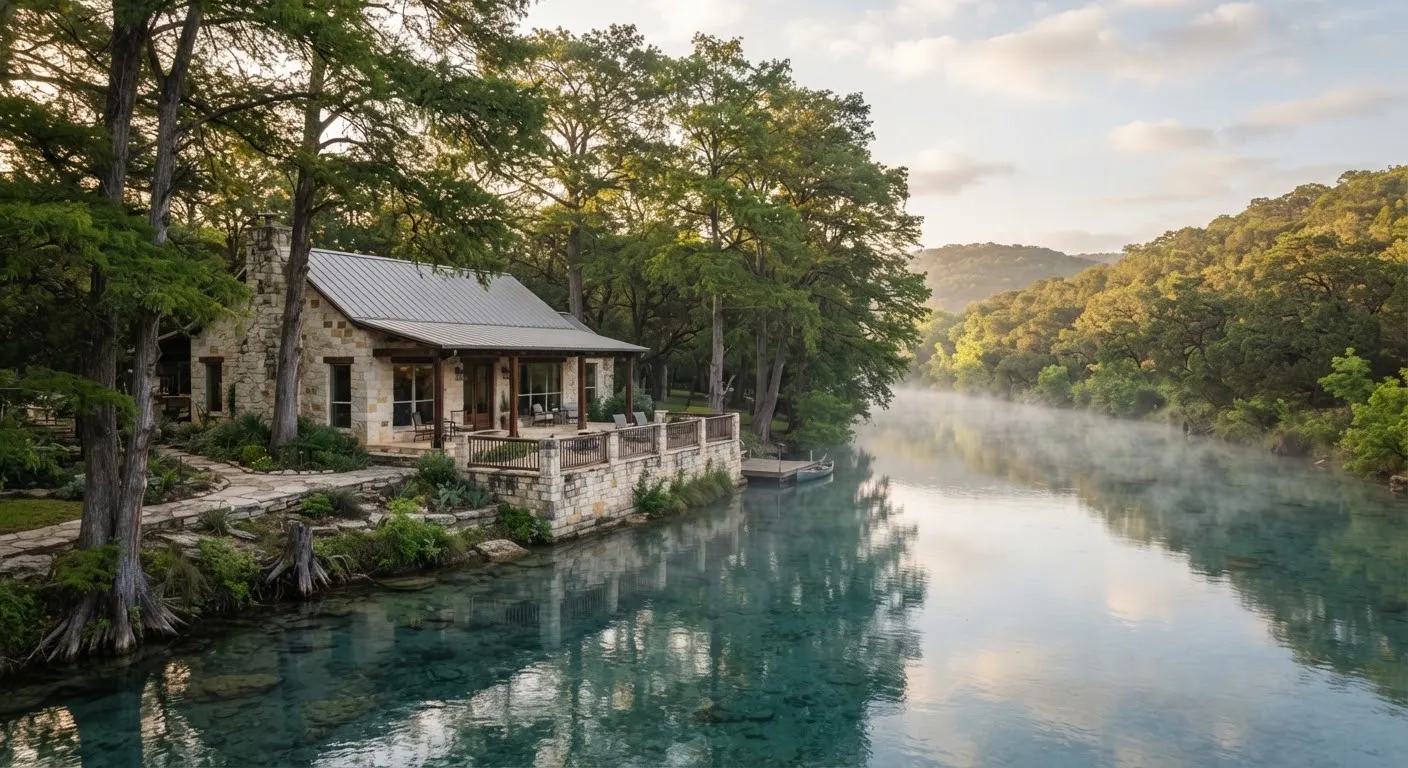 A tranquil stone ranch house overlooking the crystal clear spring-fed waters of the Blanco River lined with towering bald cypress trees in…