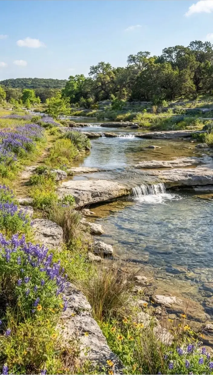 A tranquil stretch of the shallow Blanco River cascading gently over flat limestone ledges surrounded by lavender plants and native grass under…