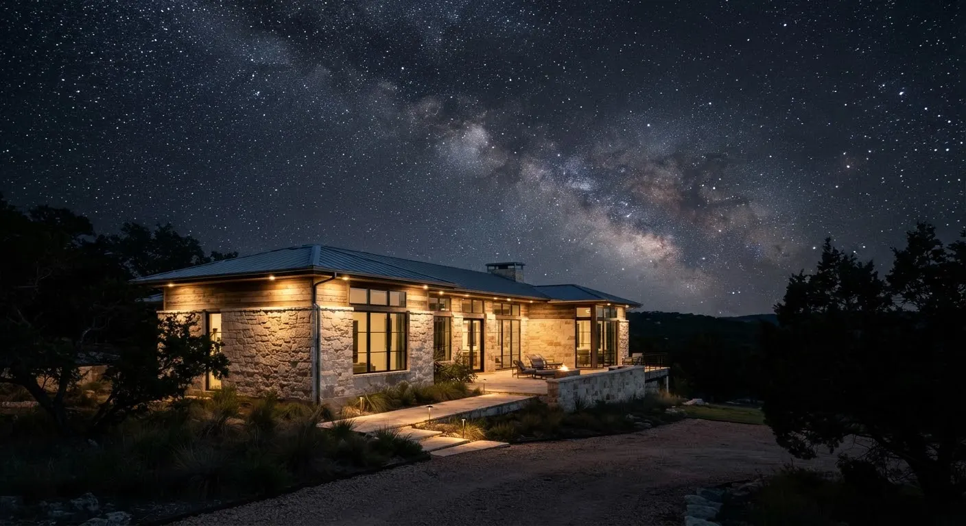 Modern limestone home in Dripping Springs under a starry night sky with shielded, downward-facing exterior lights