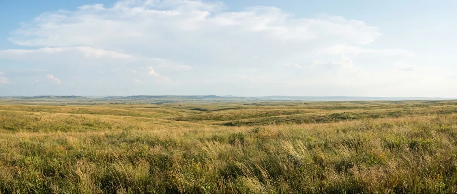 American prairie grassland and distant rolling ridgelines under a vast open sky.