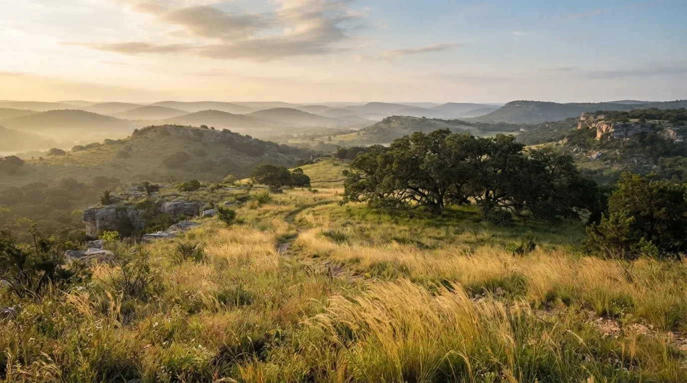 A wide panoramic vista of rolling Texas Hill Country topography featuring limestone ridges, legacy live oak canopies, and tall golden switchgrass…