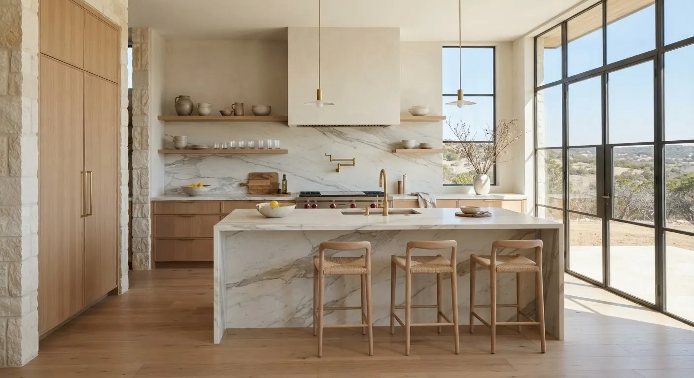 An airy, sun-drenched minimalist luxury kitchen featuring a monolithic honed Calacatta marble island, warm natural white-oak custom cabinetry, and…