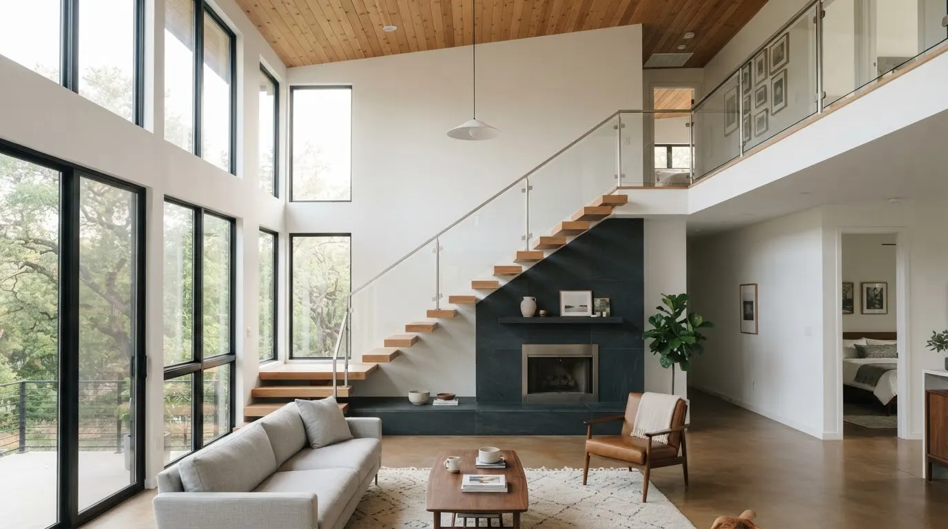 An architectural modernist interior in Bouldin Creek featuring double-height ceiling, floating cedar staircase, honed dark stone fireplace, and…