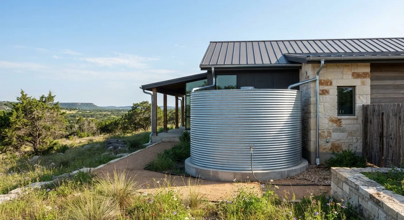 An architectural rainwater catchment system made of galvanized corrugated steel positioned neatly alongside a modern limestone ranch building in…