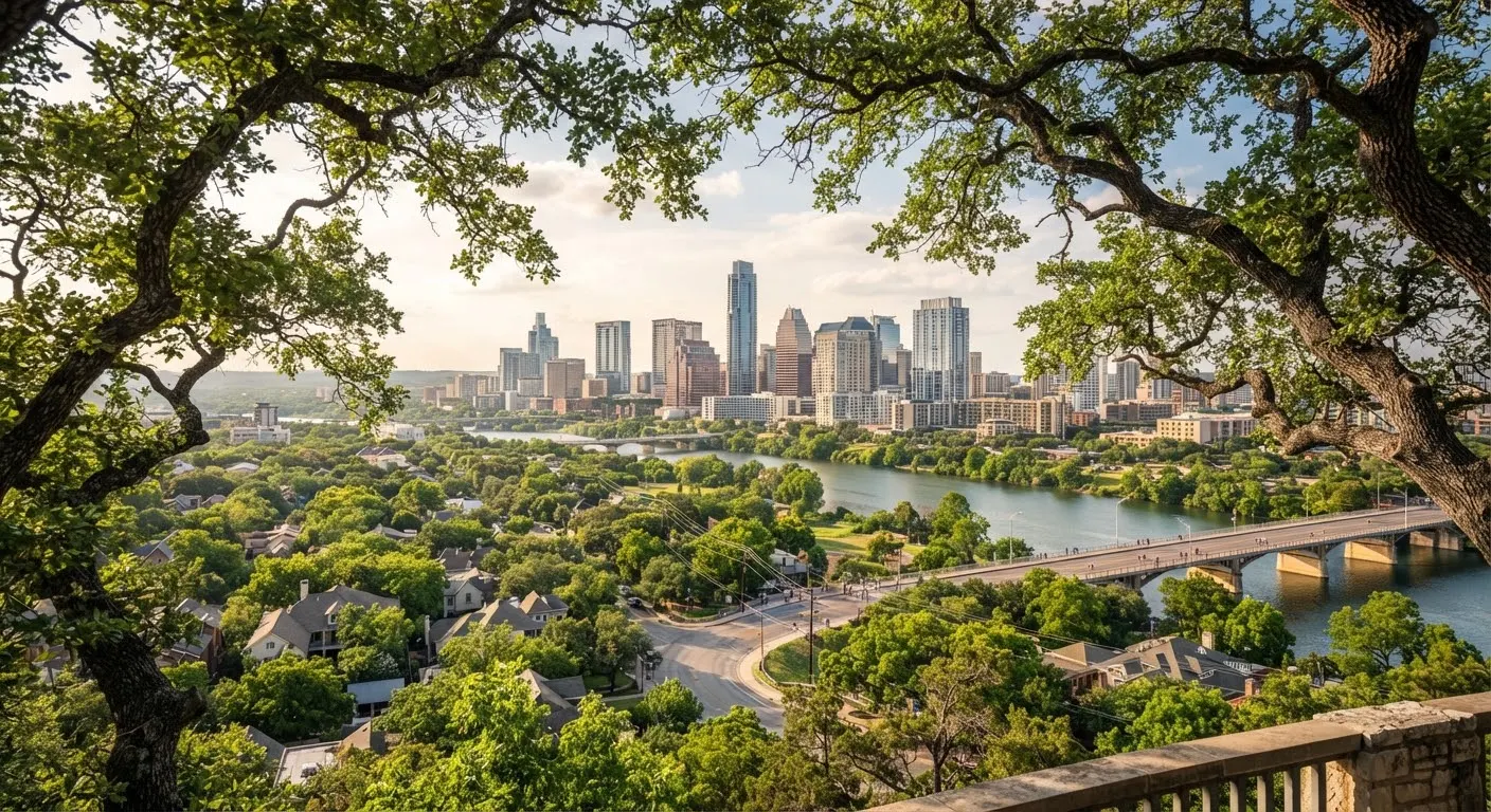An atmospheric view of downtown Austin skyline framed through lush green live oak tree branches from an elevated South Congress perspective.
