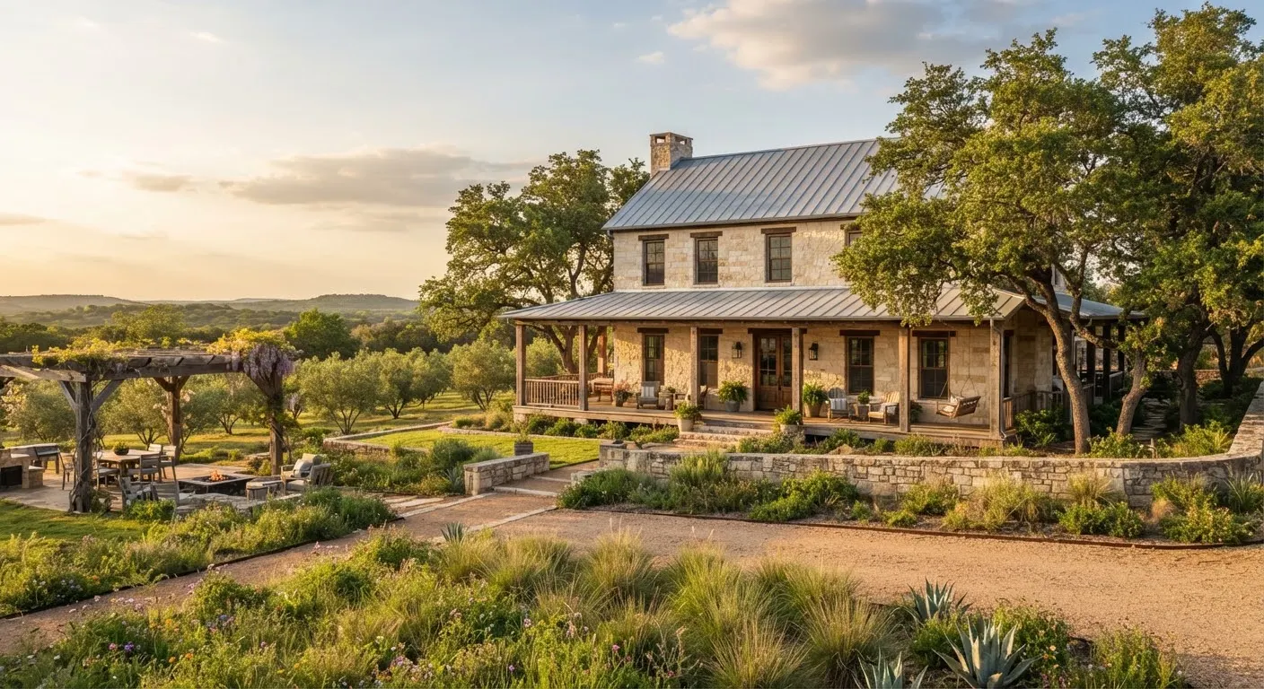 An authentic historic German-inspired limestone farmhouse with wide wrap-around cedar porches and a standing-seam zinc roof in Fredericksburg Texas.