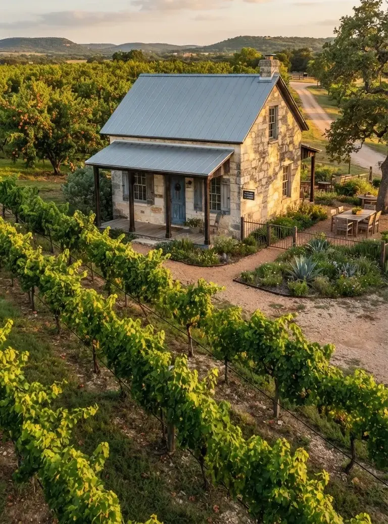 An authentic historic German pioneer Sunday house restored with modern refinement in Fredericksburg Texas, surrounded by manicured vineyard rows…