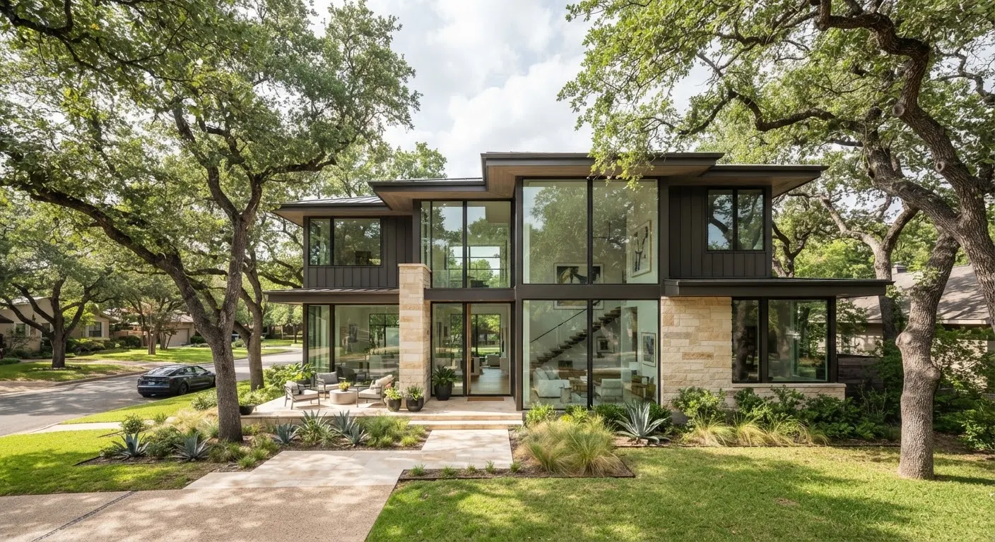 An elegant, light-filled contemporary Austin residence surrounded by mature heritage live oak trees.