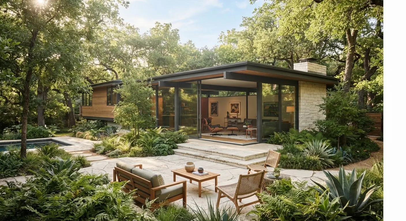An elegant mid-century modern private residence nestled adjacent to dense heritage pecan trees near Zilker Park in Austin.