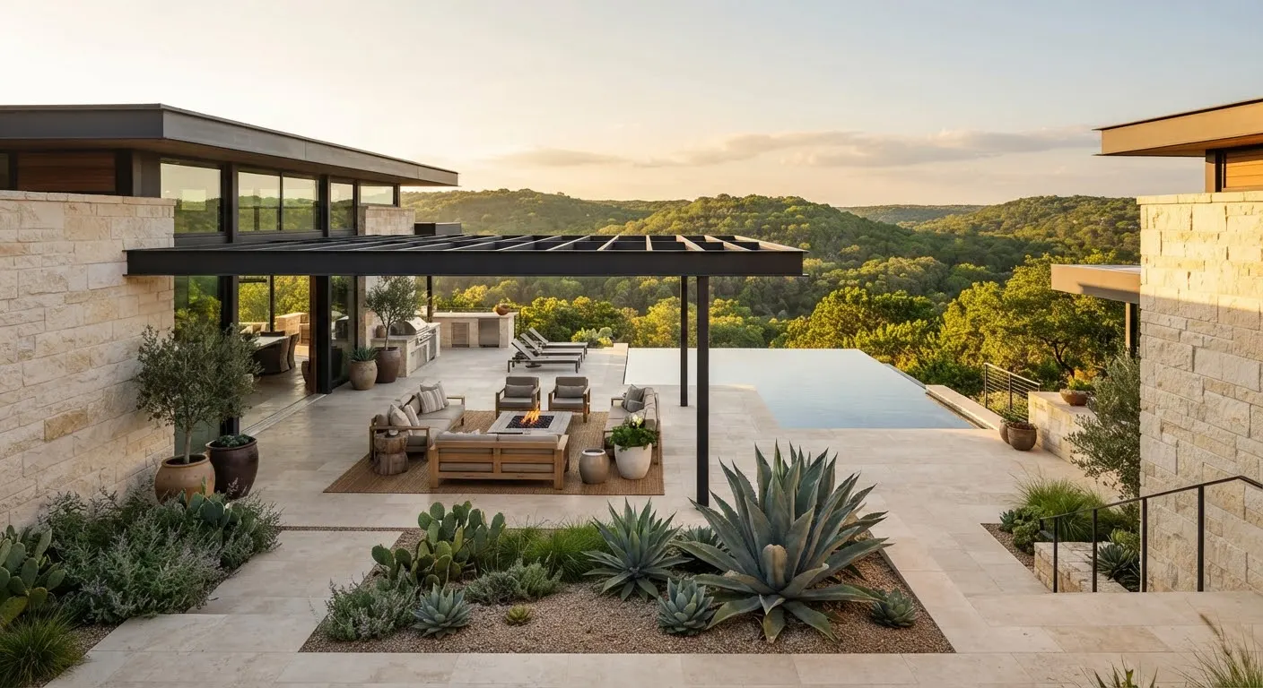 An expansive courtyard of a luxury modernist residence overlooking the Barton Creek greenbelt, with hand-chiseled Texas cream limestone walls,…