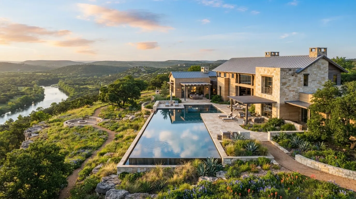 An expansive luxury Hill Country estate set high on an Edwards Plateau promontory overlooking the Blanco River.