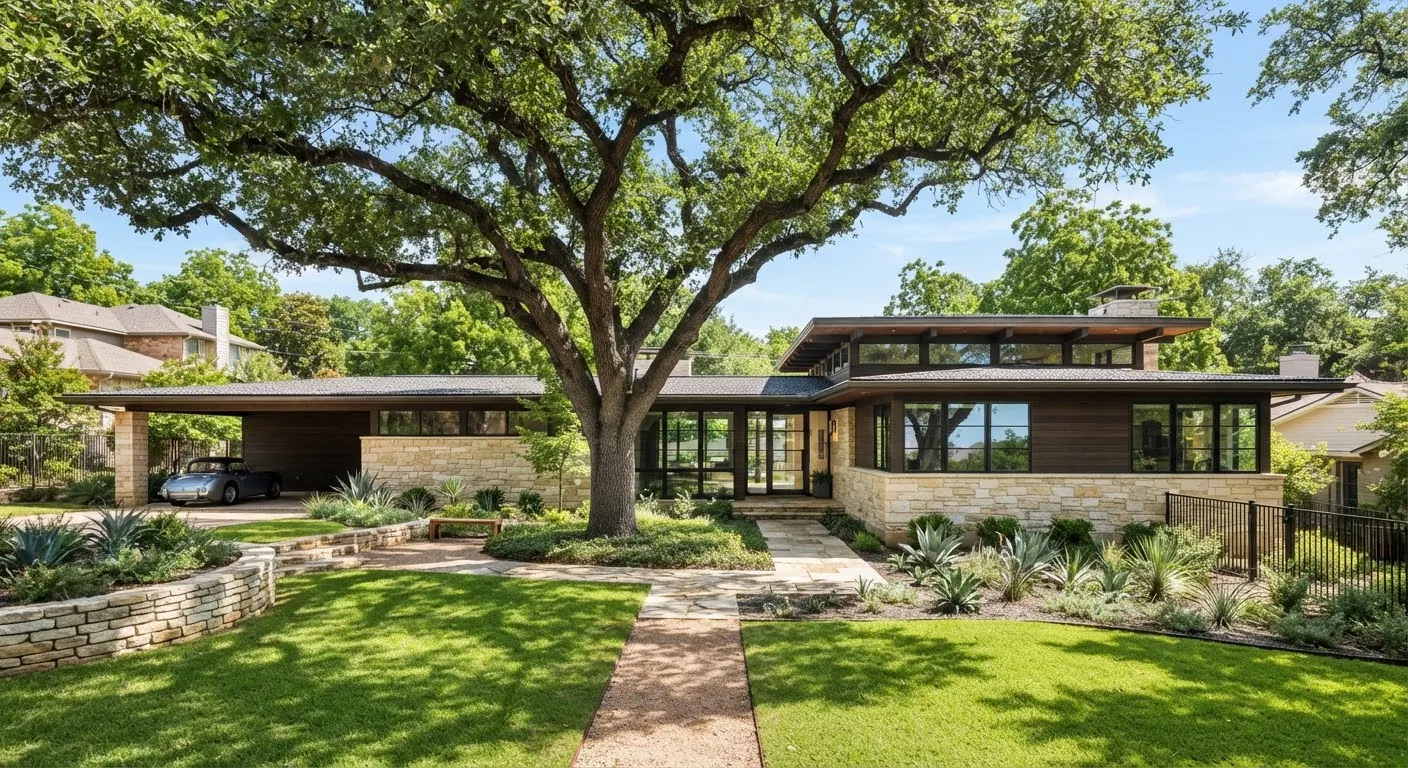 An expansive mid-century ranch home in historic Tarrytown Austin, featuring sprawling low-slung architectural roofline, heritage live oak canopy,…