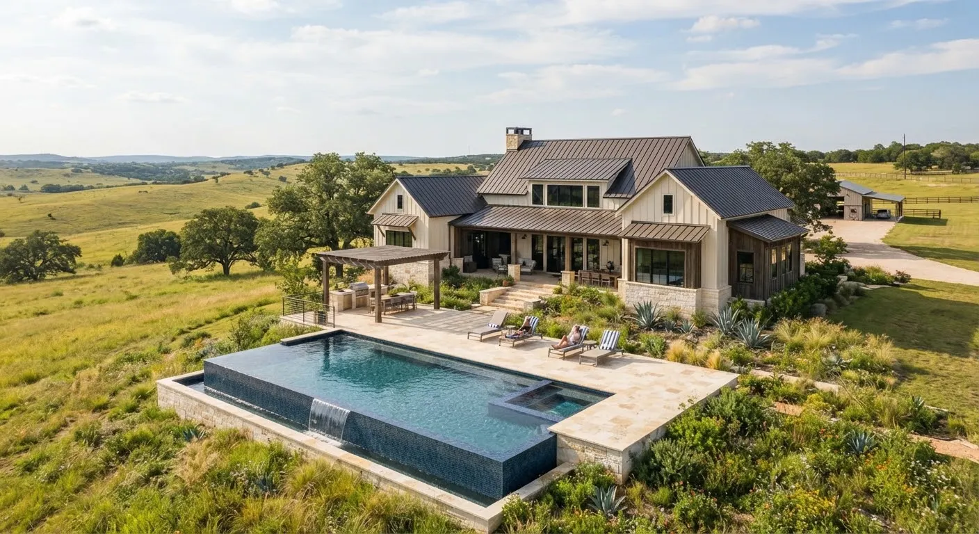 An expansive modern farmhouse estate built with board and batten siding, standing seam metal roof, and an infinity plunge pool framed by rolling…