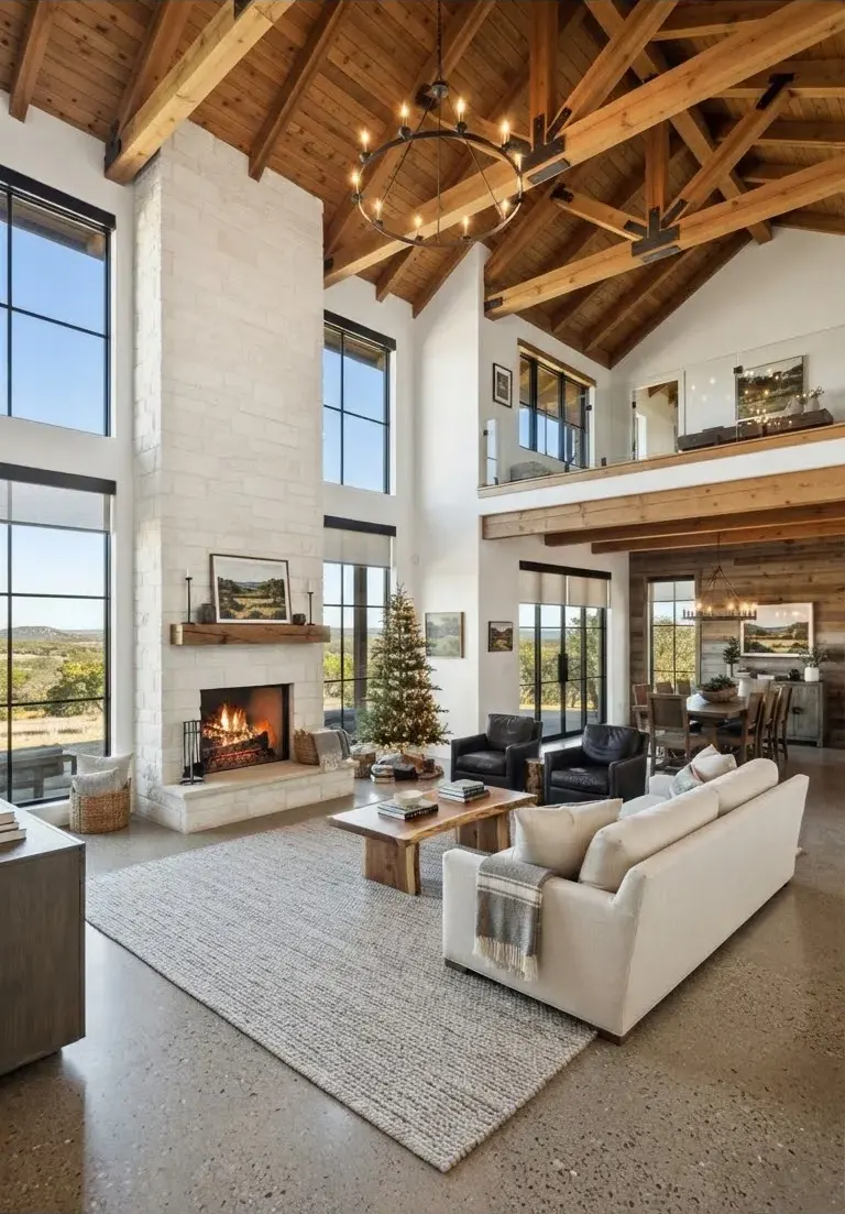An expansive modern Texas Hill Country home interior featuring double-height exposed timber ceilings, white limestone fireplace, refined bespoke…
