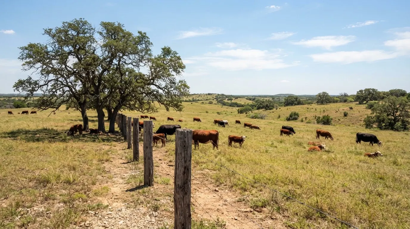 An expansive Texas pasture with grazing cattle near a rustic cedar post fence and live oaks under high noon Texas sunlight.