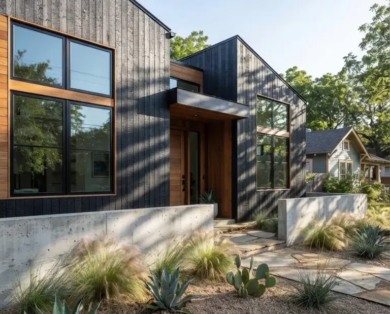 An innovative architectural infill home in East Austin featuring charred cedar shou sugi ban siding, raw concrete garden walls, and native…